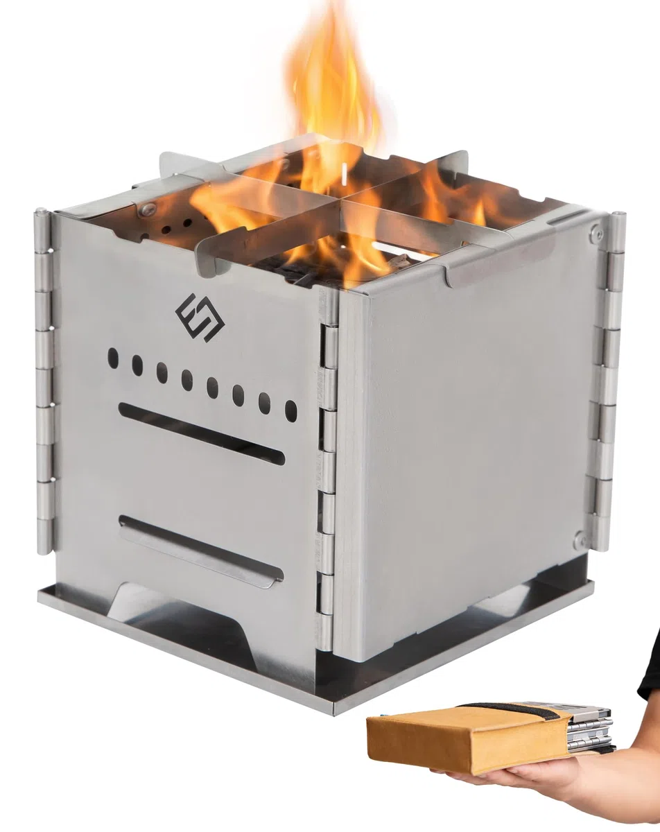 COOK'N'ESCAPE Przenośny piec kempingowy z drugim spalaniem, składany piec na drewno ze stali nierdzewnej, kuchenka outdoorowa z tytanową płytą grillową, nadaje się na kemping, grillowanie, wędrówki