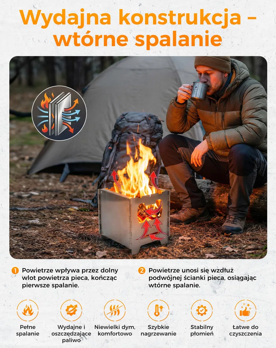 COOK'N'ESCAPE Przenośny piec kempingowy z drugim spalaniem, składany piec na drewno ze stali nierdzewnej, kuchenka outdoorowa z tytanową płytą grillową, nadaje się na kemping, grillowanie, wędrówki