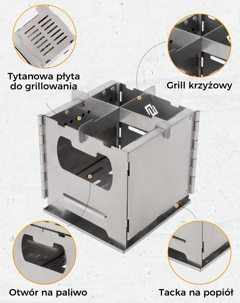 COOK'N'ESCAPE Przenośny piec kempingowy z drugim spalaniem, składany piec na drewno ze stali nierdzewnej, kuchenka outdoorowa z tytanową płytą grillową, nadaje się na kemping, grillowanie, wędrówki