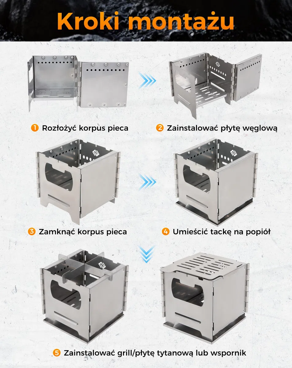 COOK'N'ESCAPE Przenośny piec kempingowy z drugim spalaniem, składany piec na drewno ze stali nierdzewnej, kuchenka outdoorowa z tytanową płytą grillową, nadaje się na kemping, grillowanie, wędrówki